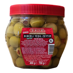Cebel Biberli Yesil zeytin | Pickled Seedless Green Olive with Paprika | Grüne Kernlose Oliven mit Roter Paprika Gefüllt in Salzlake (750g) - image 1 | Malaika afro international Markt | KulturCart