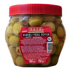 Cebel Biberli Yesil zeytin | Pickled Seedless Green Olive with Paprika | Grüne Kernlose Oliven mit Roter Paprika Gefüllt in Salzlake (750g) - image 2 | Malaika afro international Markt | KulturCart