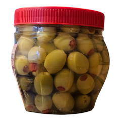 Cebel Biberli Yesil zeytin | Pickled Seedless Green Olive with Paprika | Grüne Kernlose Oliven mit Roter Paprika Gefüllt in Salzlake (750g) - image 3 | Malaika afro international Markt | KulturCart