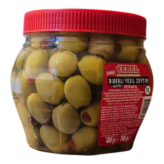 Cebel Biberli Yesil zeytin | Pickled Seedless Green Olive with Paprika | Grüne Kernlose Oliven mit Roter Paprika Gefüllt in Salzlake (750g) - image 6 | Malaika afro international Markt | KulturCart