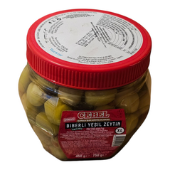 Cebel Biberli Yesil zeytin | Pickled Seedless Green Olive with Paprika | Grüne Kernlose Oliven mit Roter Paprika Gefüllt in Salzlake (750g) - image 7 | Malaika afro international Markt | KulturCart