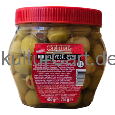 Cebel Biberli Yesil zeytin | Pickled Seedless Green Olive with Paprika | Grüne Kernlose Oliven mit Roter Paprika Gefüllt in Salzlake (750g) - image 1 | Malaika afro international Markt | KulturCart