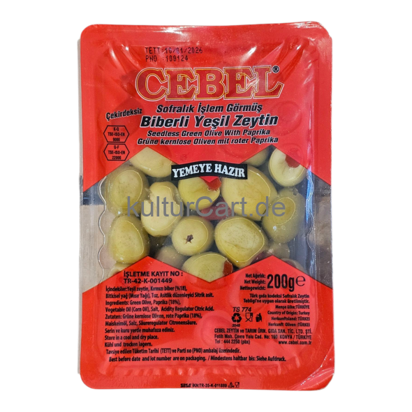 Cebel Biberli Yesil Zeytin | Seedless Green Olive With Paprika | Grüne kernlose Oliven mit roter Paprika (200g) - image 1 | Malaika afro international Markt | KulturCart