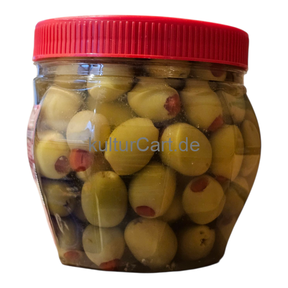 Cebel Biberli Yesil zeytin | Pickled Seedless Green Olive with Paprika | Grüne Kernlose Oliven mit Roter Paprika Gefüllt in Salzlake (750g) - image 3 | Malaika afro international Markt | KulturCart