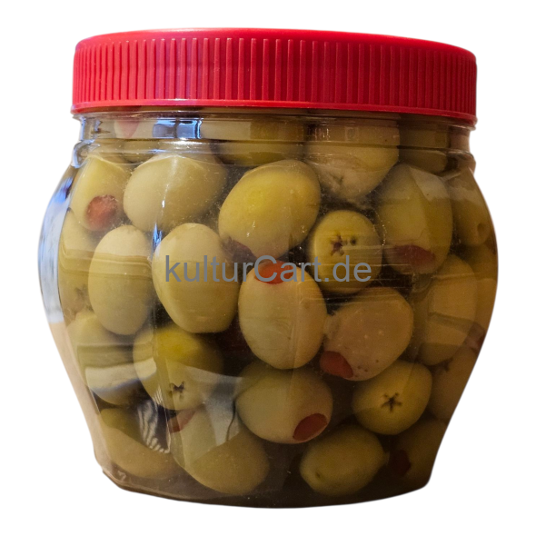 Cebel Biberli Yesil zeytin | Pickled Seedless Green Olive with Paprika | Grüne Kernlose Oliven mit Roter Paprika Gefüllt in Salzlake (750g) - image 4 | Malaika afro international Markt | KulturCart